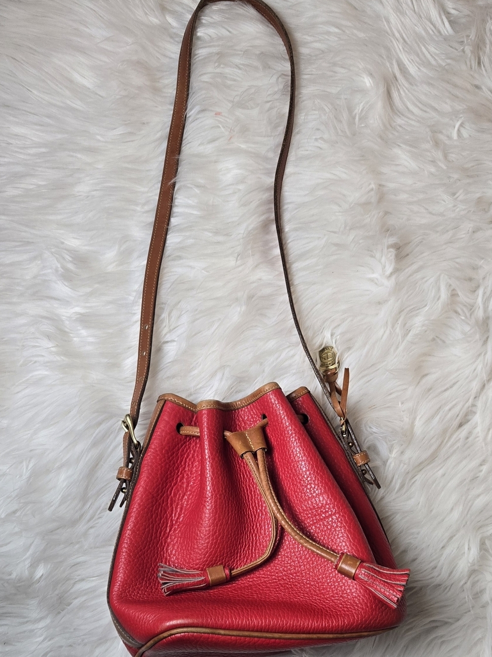 Dooney & Bourke Red Pebbled Leather Drawstring Crossbody with Tan Trim